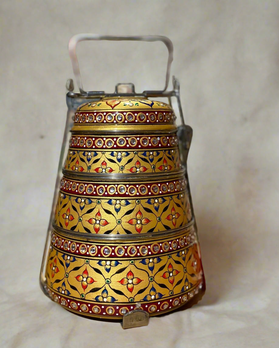 Hand-Painted 3-Tier Stainless Steel Lunch Box – golden floral Design Eco-Friendly tiffin box